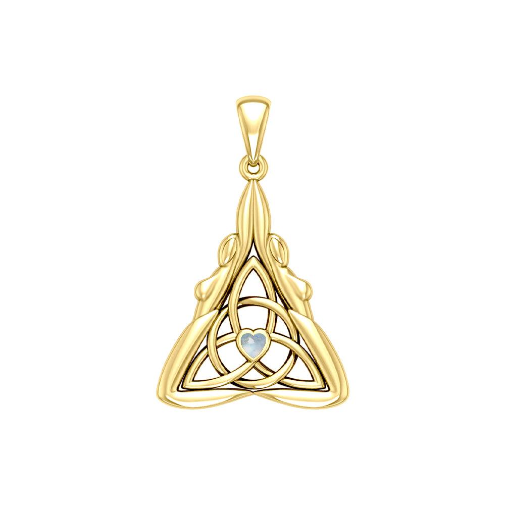 Double Goddess with Celtic Triquetra Solid Yellow Gold Pendant with Gemstone GPD5989