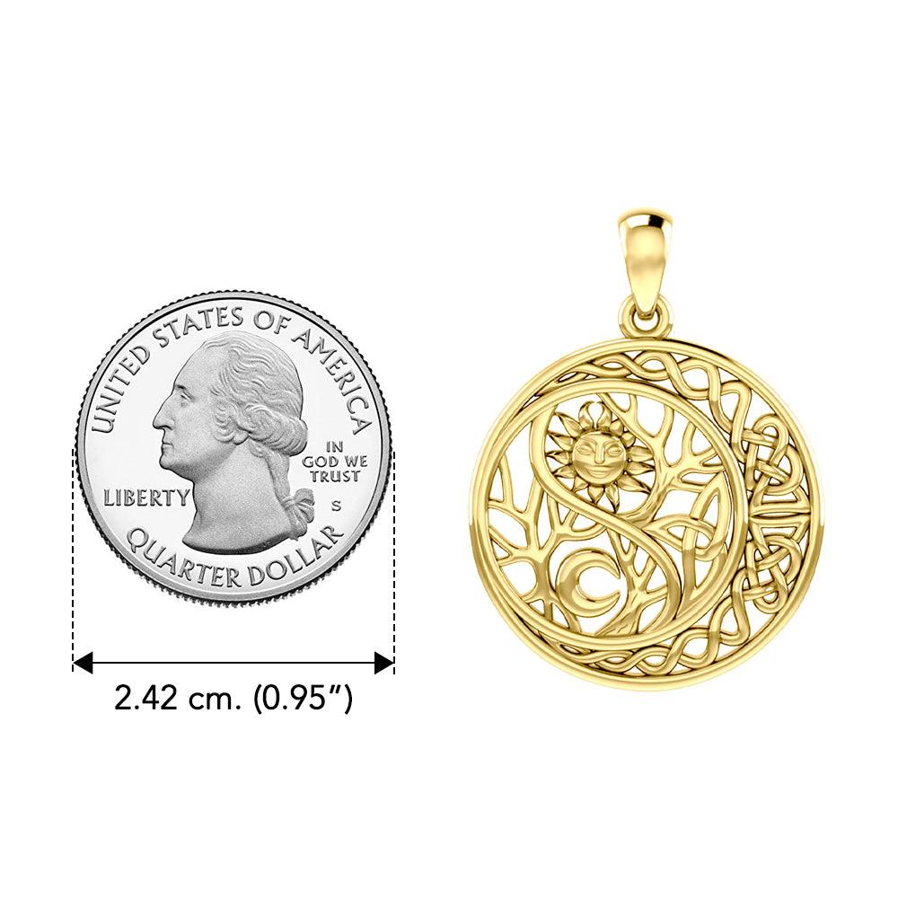 The Yin Yang Tree of Life on Celtic Crescent Moon Solid Yellow Gold Pendant GPD6060