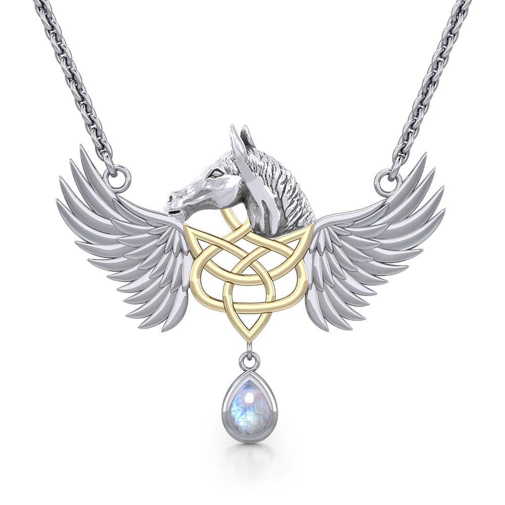 Celtic Pegasus Horse with Wing Silver Necklace with gold plating 14K 2 Micron MNC540