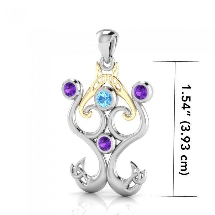 An endless life’s motif ~ Sterling Silver Celtic Triquetra Pendant with 14k Gold Accent and Gemstone MPD1274