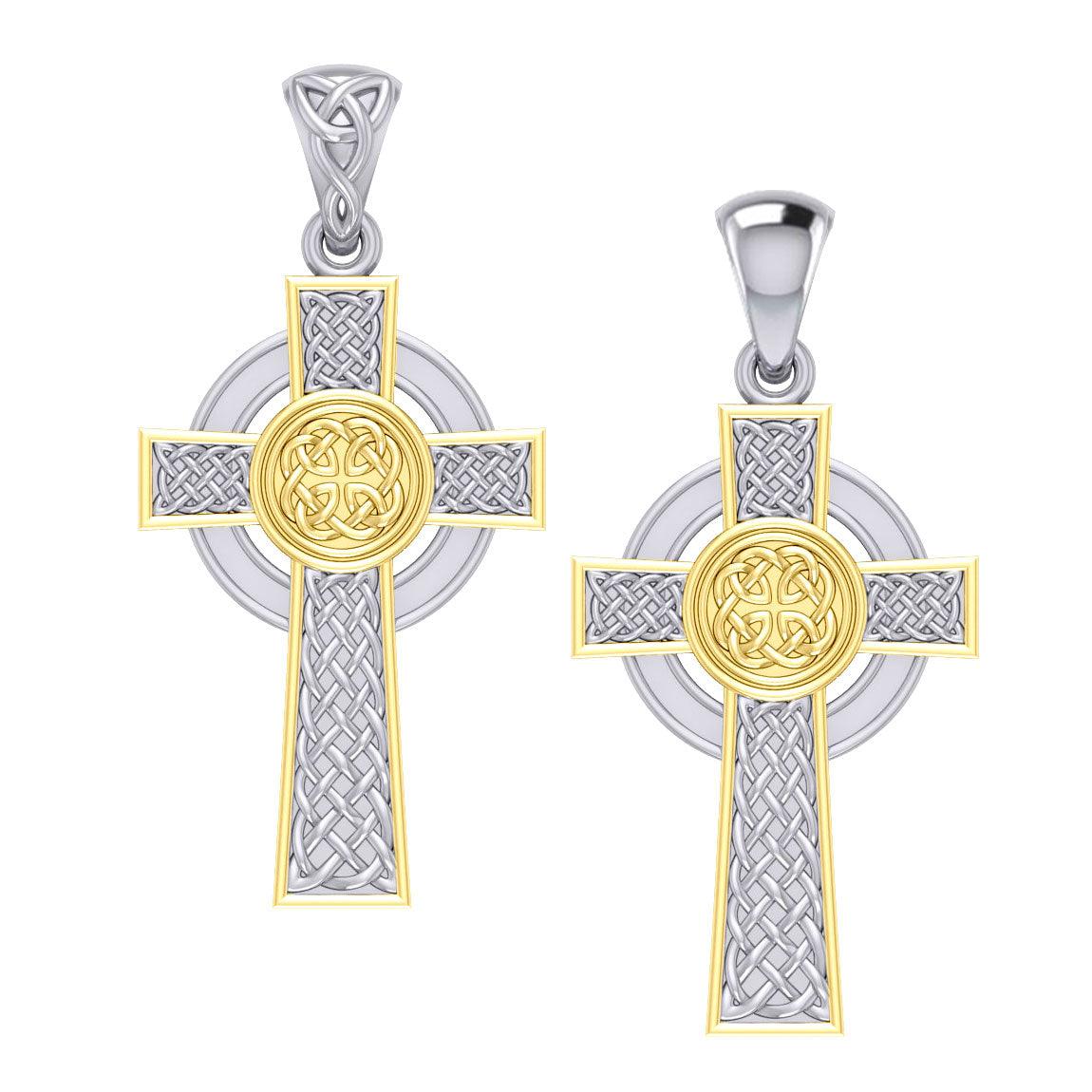 Large Reversible Celtic Cross Sterling Silver with 14K Gold Accent Pendant MPD3726