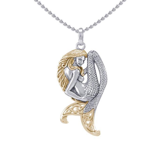 Celtic Mermaid Goddess Sterling Silver and 14K Gold Accent Pendant MPD5256