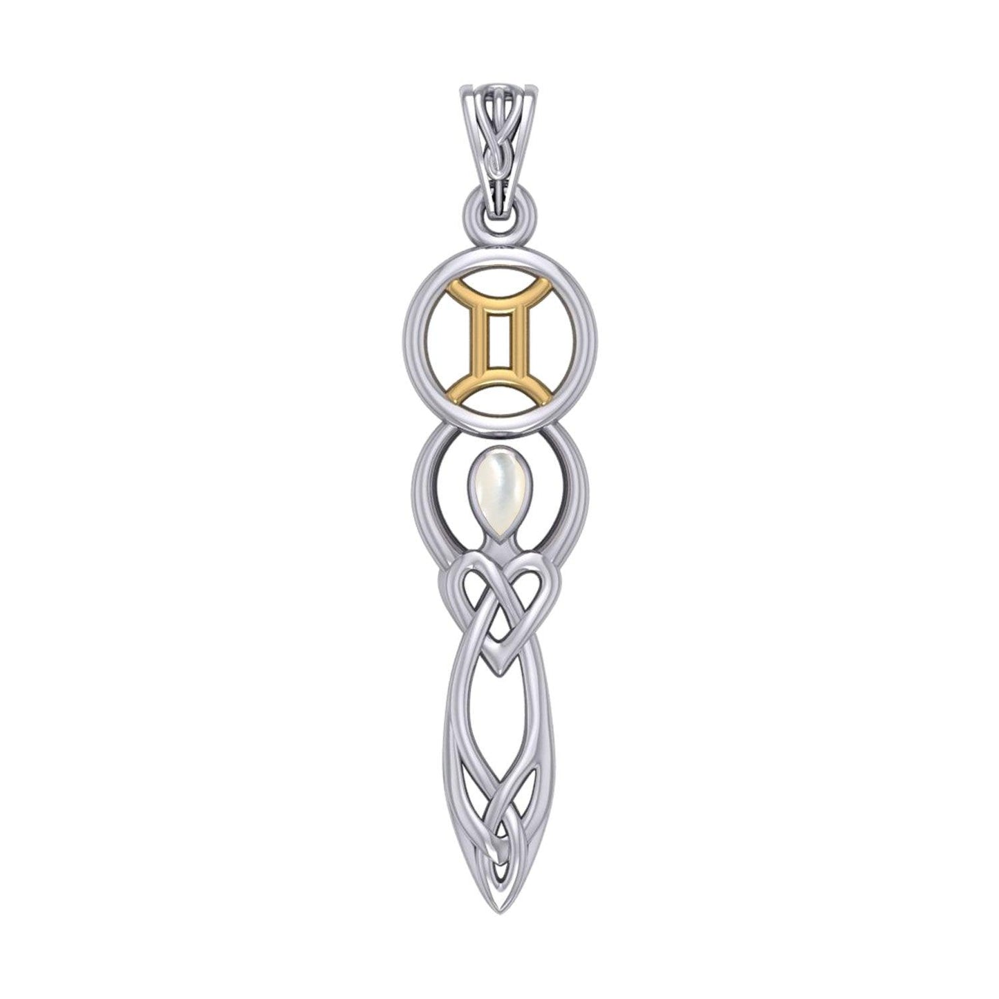 Celtic Goddess Gemini Astrology Zodiac Sign Silver and Gold Accents Pendant with Mother of Pearl MPD5937