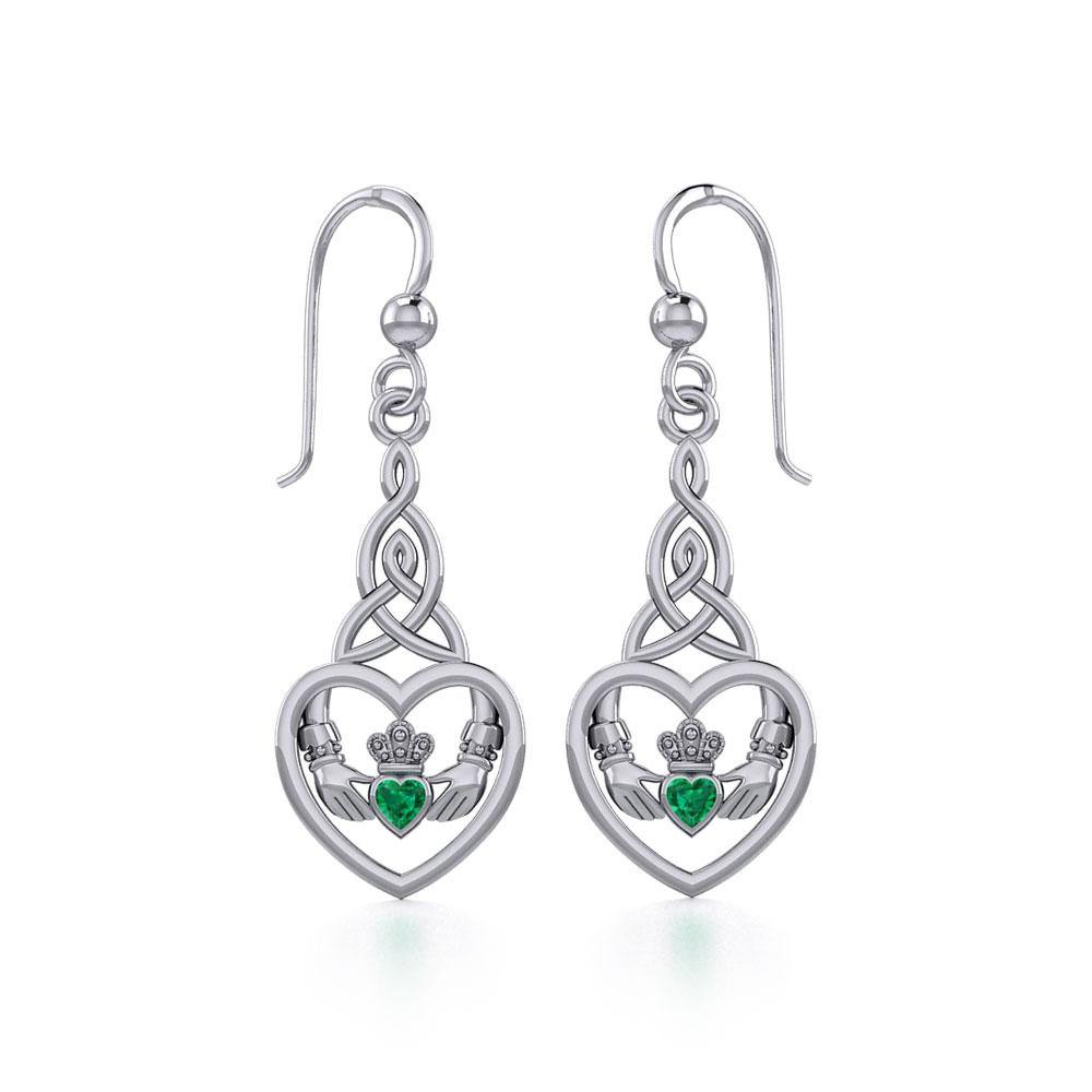 Heart Claddagh with Celtic Trinity Knot Silver Earrings with Gemstone TER1882