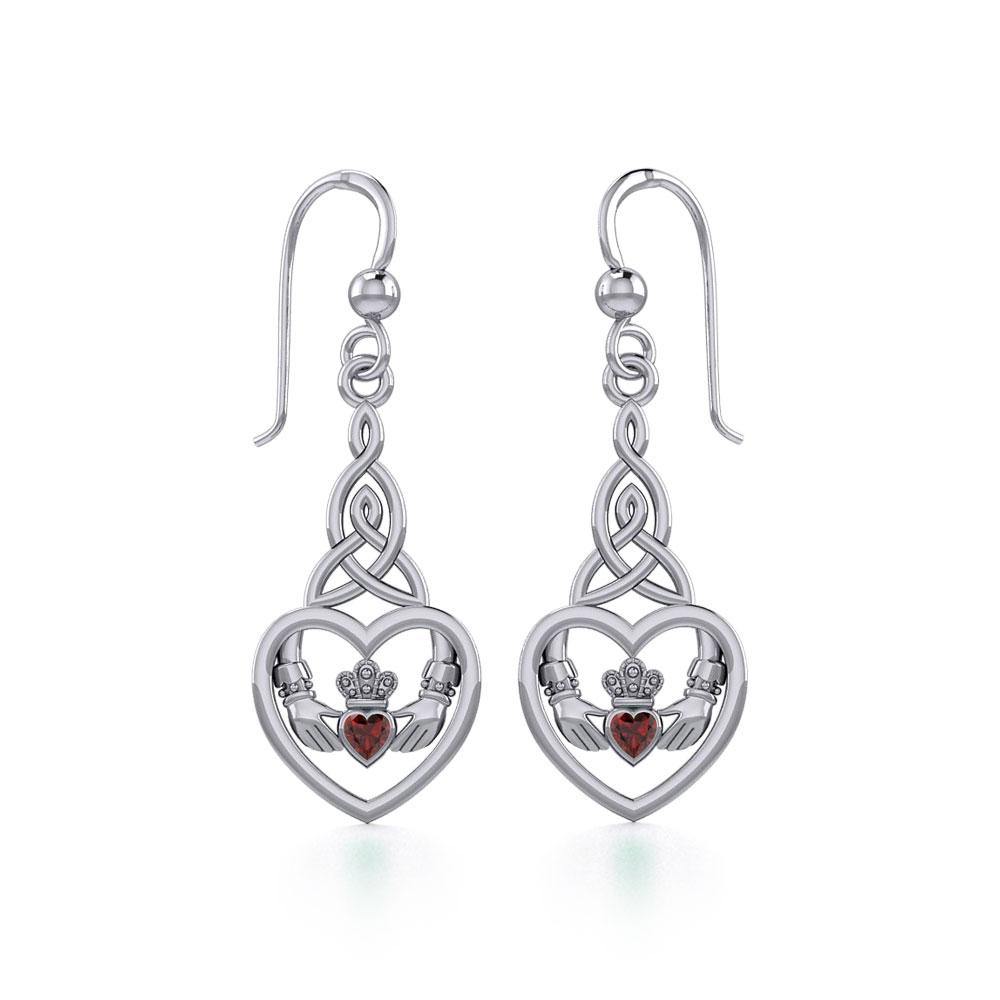 Heart Claddagh with Celtic Trinity Knot Silver Earrings with Gemstone TER1882