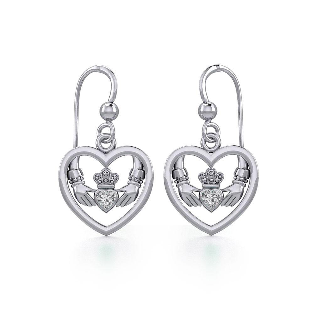 Heart Claddagh with Celtic Trinity Knot Silver Earrings with Gemstone TER1882