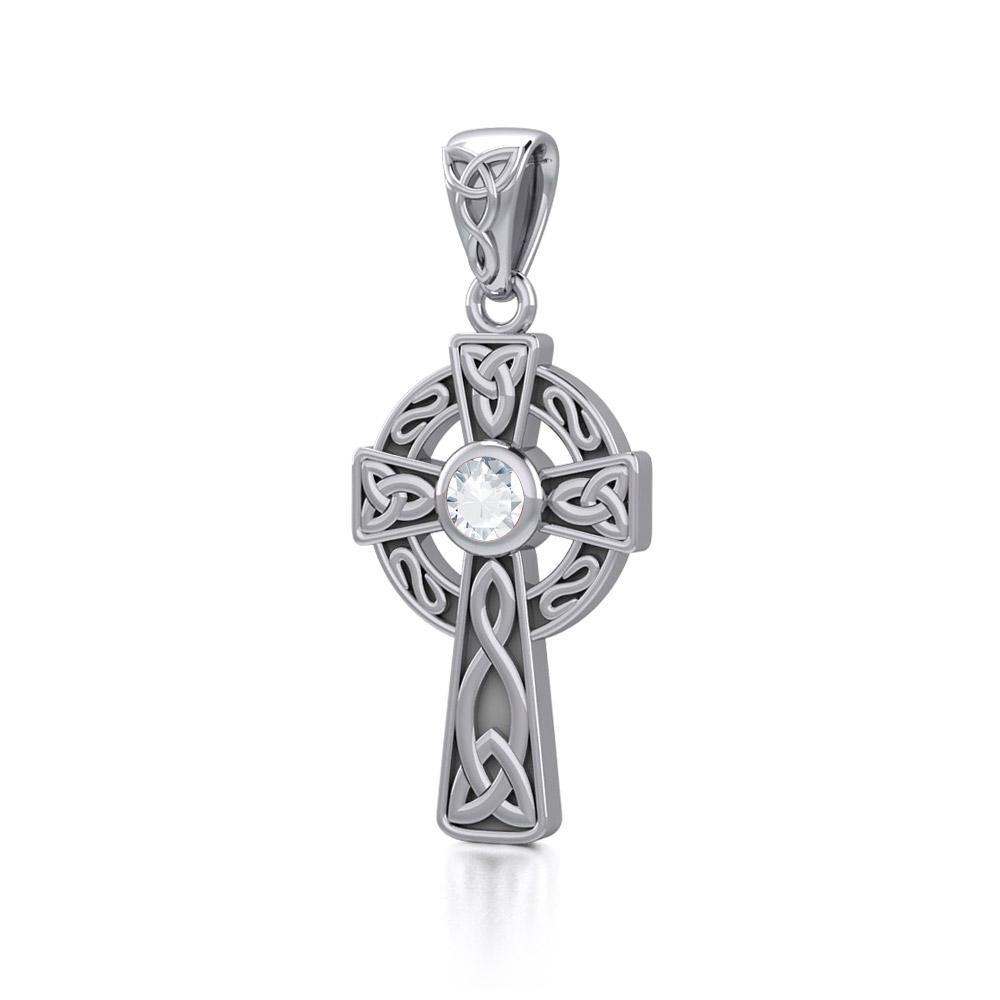 Celtic Knotwork Cross Sterling Silver Pendant with Gem TP1412