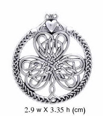 Celtic Knotwork Shamrock & Irish Claddagh Silver Pendant TP3417