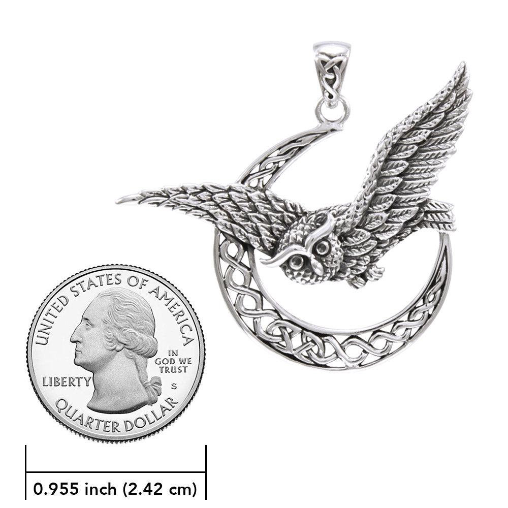Owl with Celtic Crescent Moon Silver Pendant TPD4337