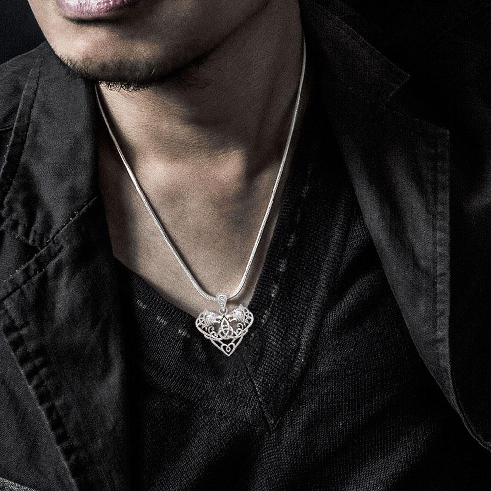 Wolves with Celtic Triquetra in Heart Sterling Silver Pendant TPD5212