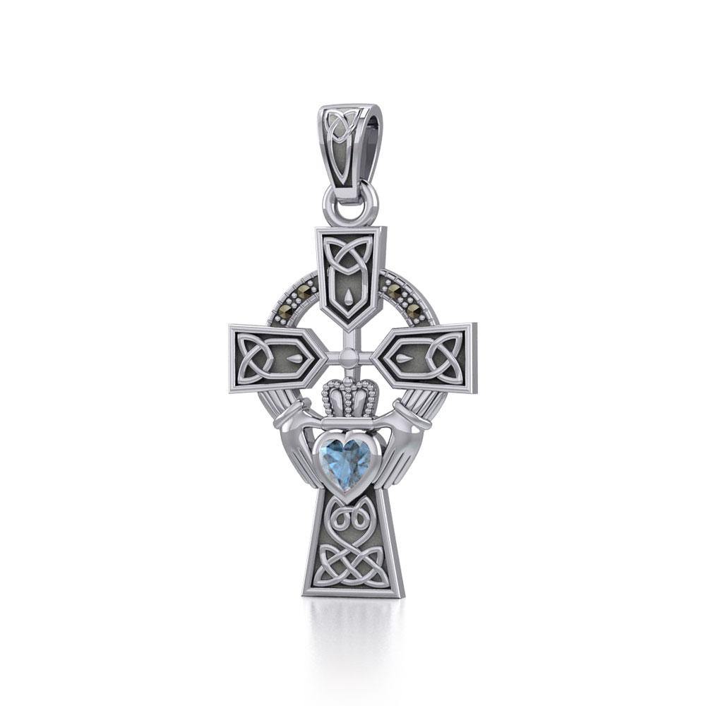 Celtic Cross and Irish Claddagh Silver Pendant with Heart Gemstone TPD5340