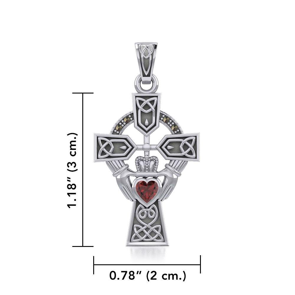 Celtic Cross and Irish Claddagh Silver Pendant with Heart Gemstone TPD5340