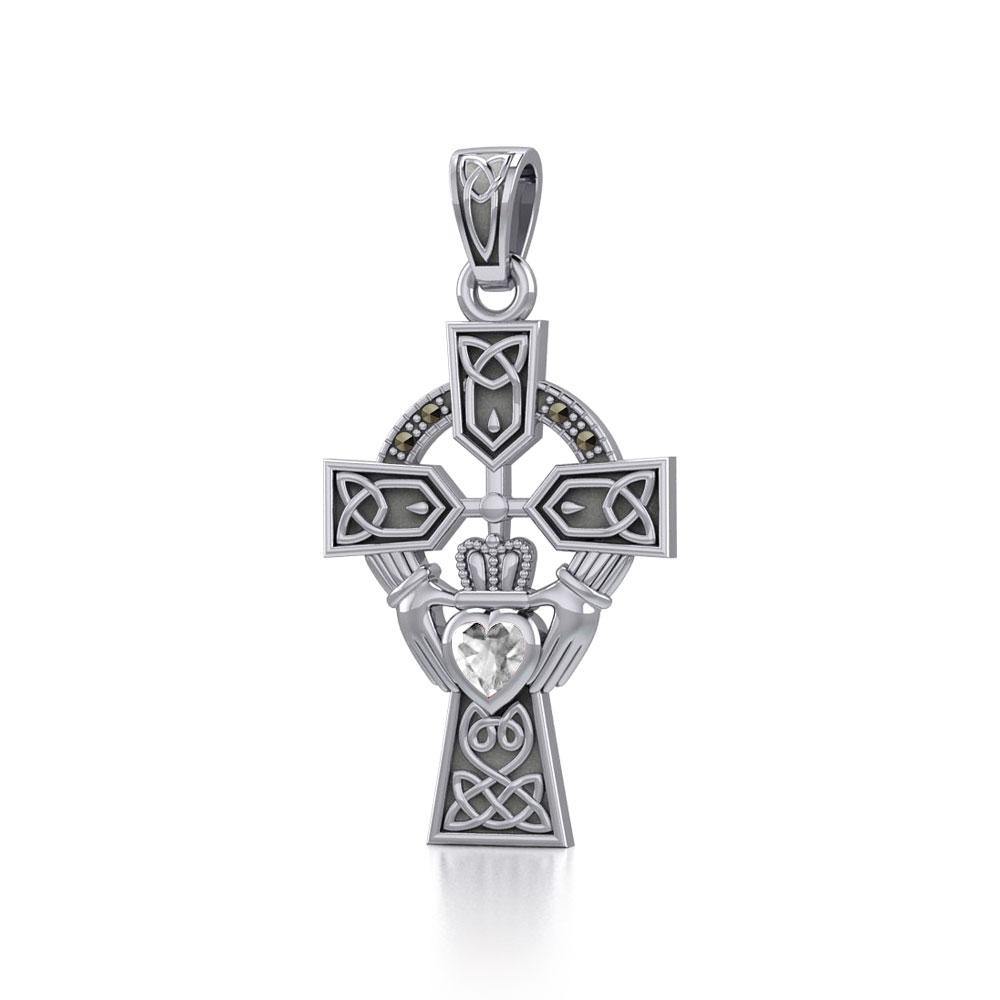 Celtic Cross and Irish Claddagh Silver Pendant with Heart Gemstone TPD5340