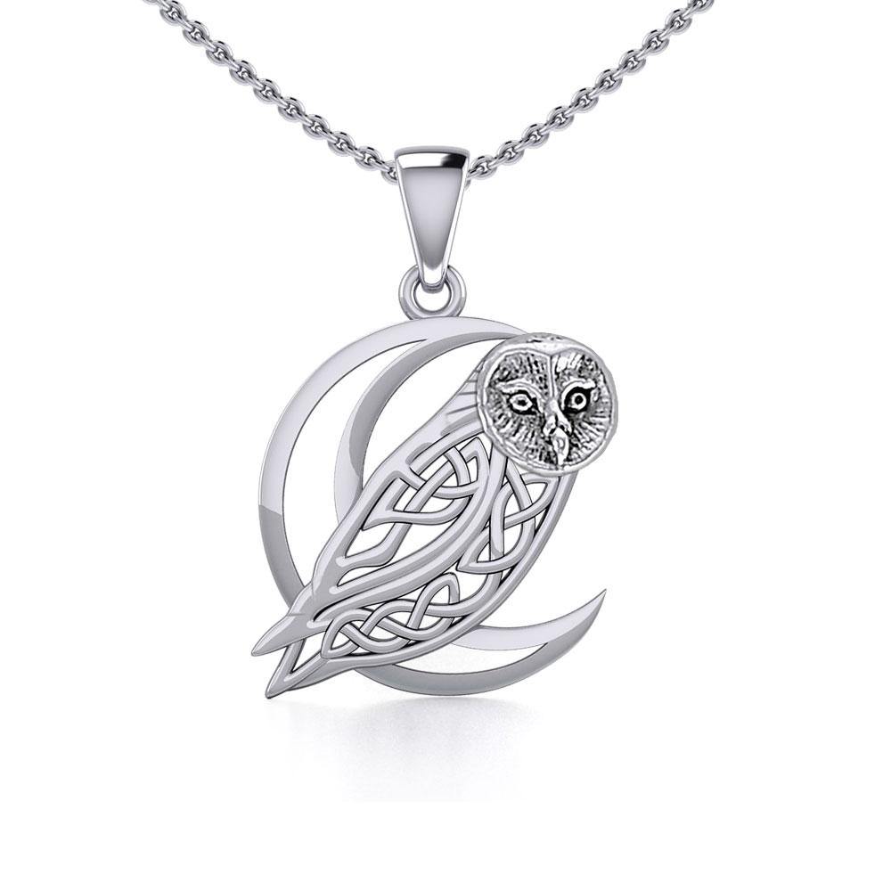 Celtic Owl on Crescent Moon Silver Pendant TPD5714