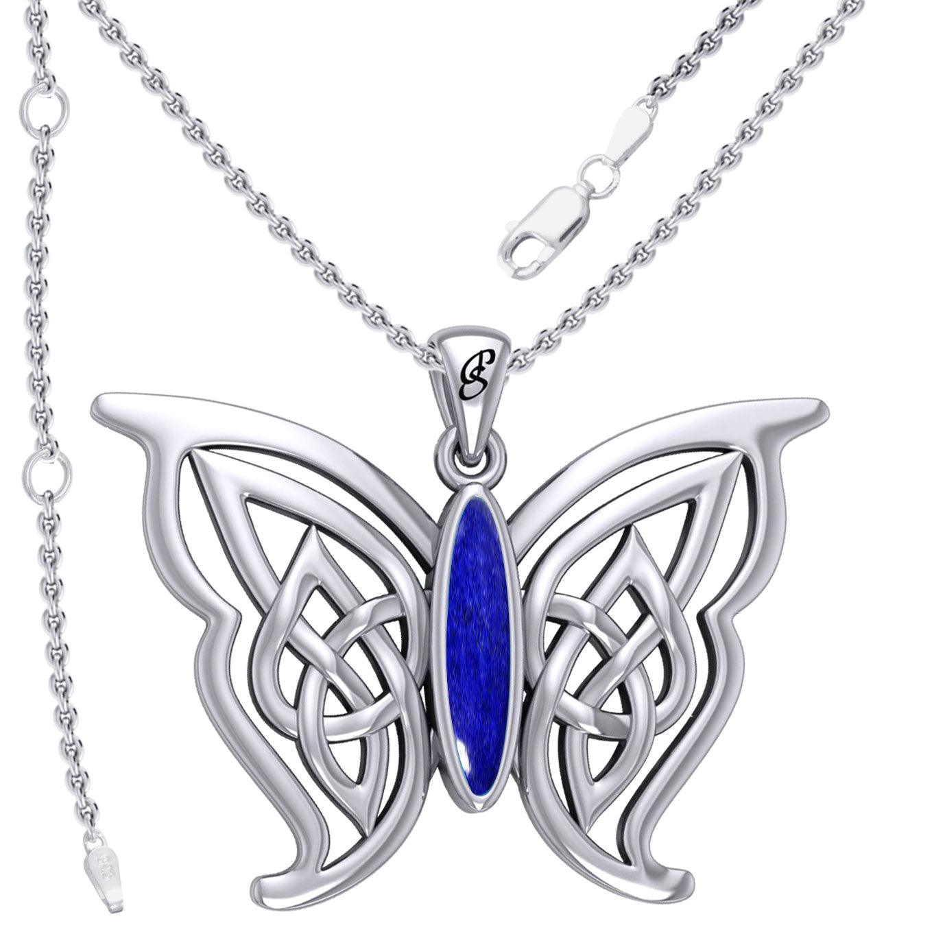 Soar Sterling Silver Joyful Celtic Butterfly with Inlaid Stone Silver Pendant - TPD6202 by Peter Stone