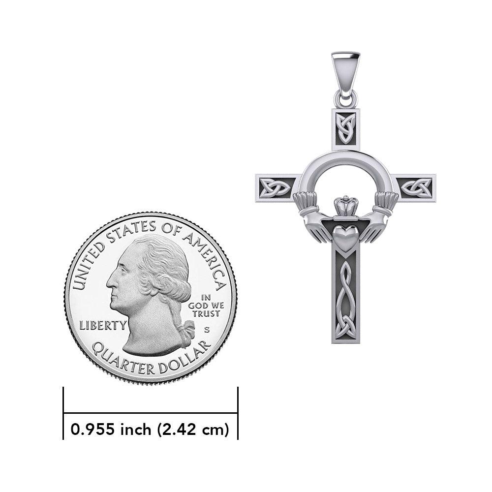 Claddagh on Celtic Knotwork Cross Silver Pendant with Chain Set TSE725