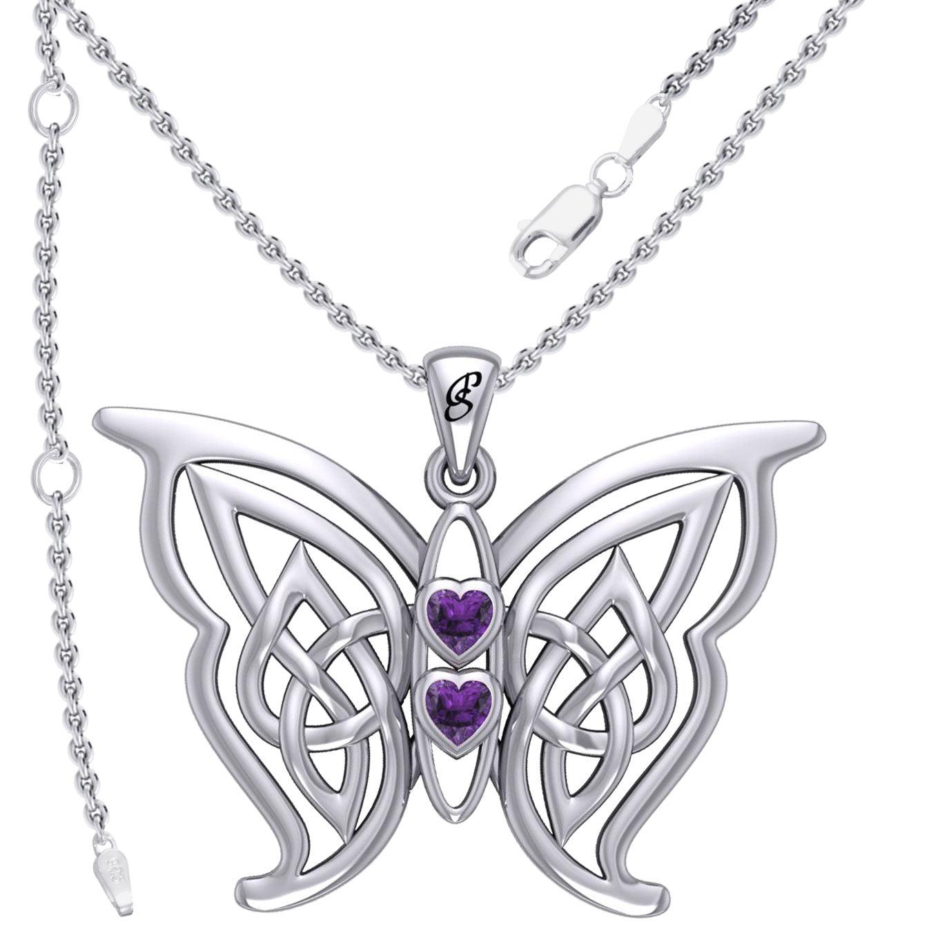 Enchantment Sterling Silver Celtic Sora Butterfly Pendant with unconditionally love heart shape Gemstone by Peter Stone TPD6203