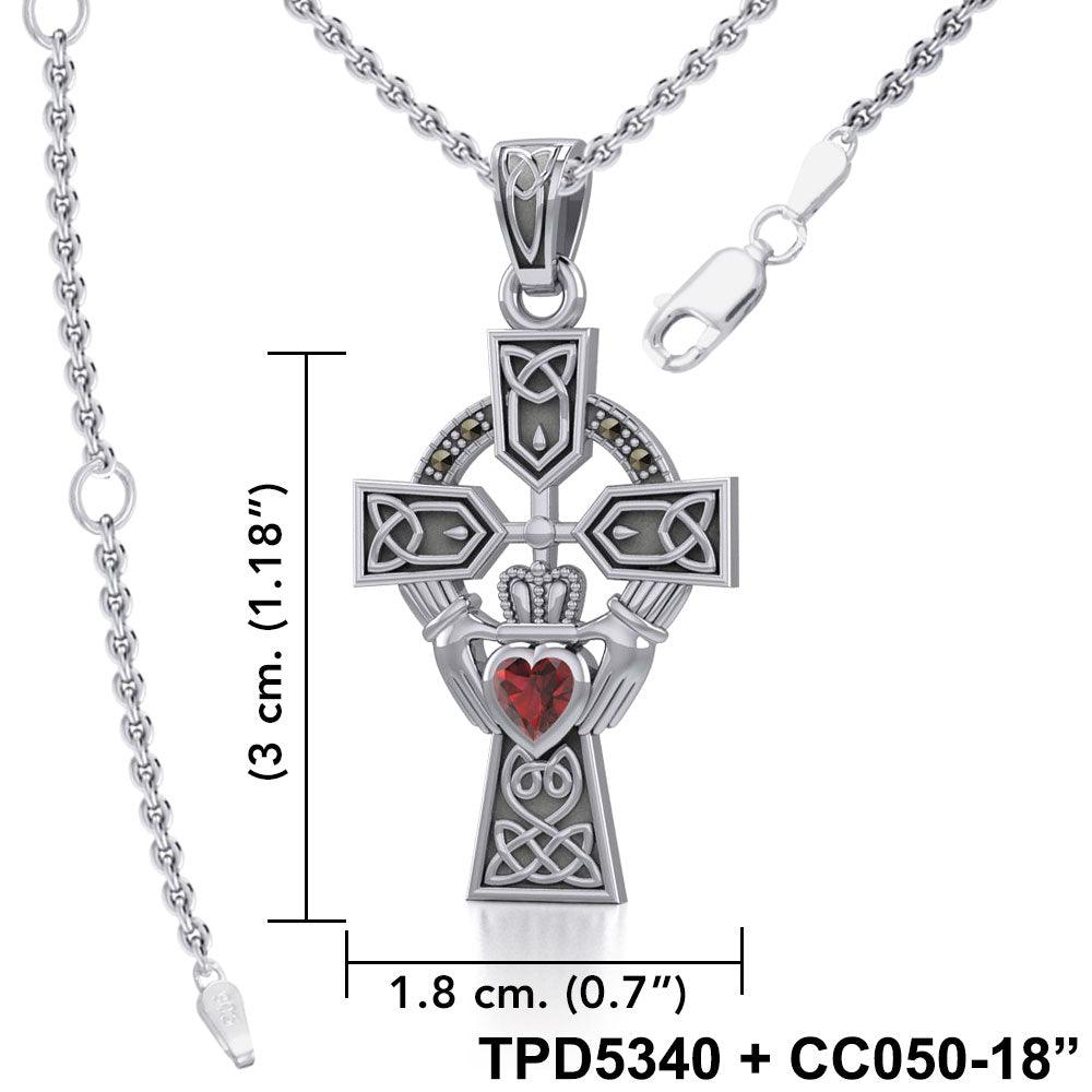 Celtic Cross and Irish Claddagh Silver Pendant with Heart Gemstone TPD5340