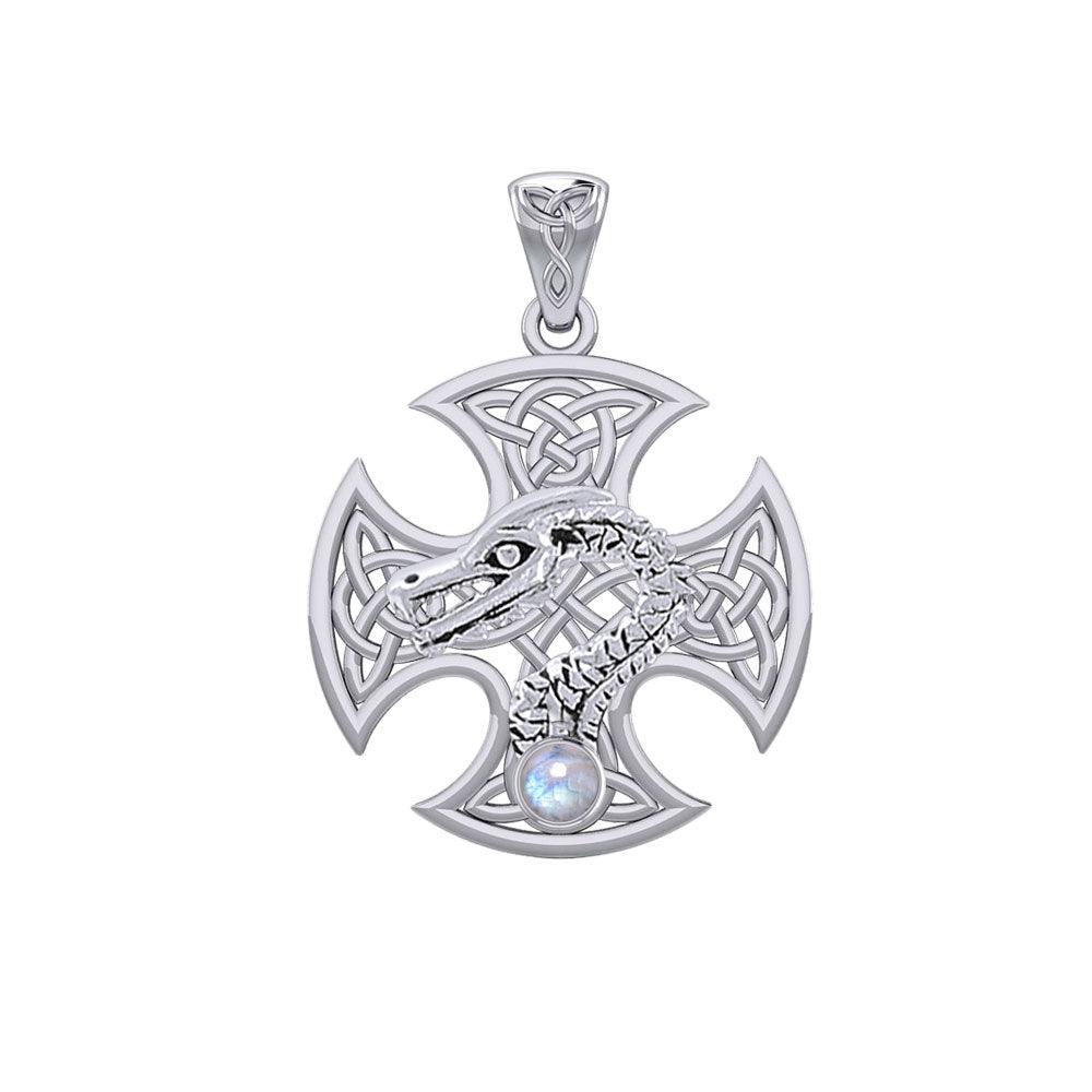 Dragon with Celtic Cross 14K White Gold Pendant WPD5818