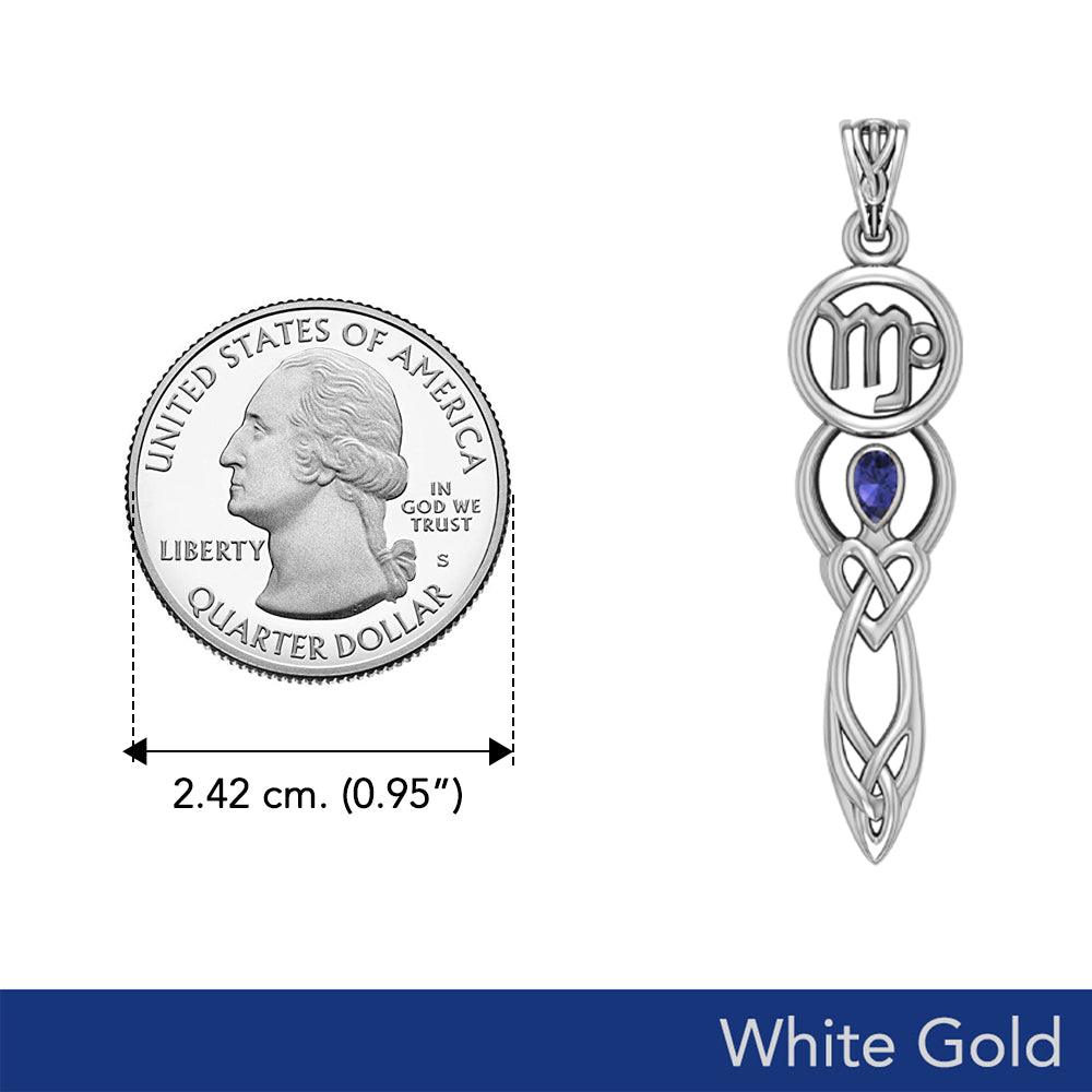 Celtic Goddess Virgo Astrology Zodiac Solid White Gold Accents Pendant with Sapphire WPD5940