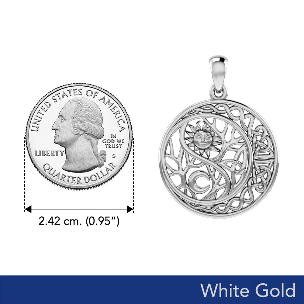 The Yin Yang Tree of Life on Celtic Crescent Moon Solid White Gold Pendant WPD6060