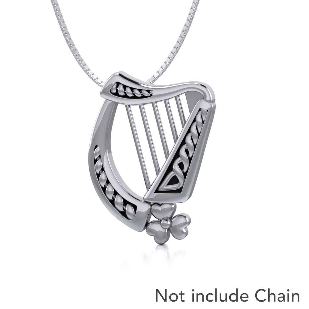Celtic Harp Irish Shamrock Silver Pendant TP1125