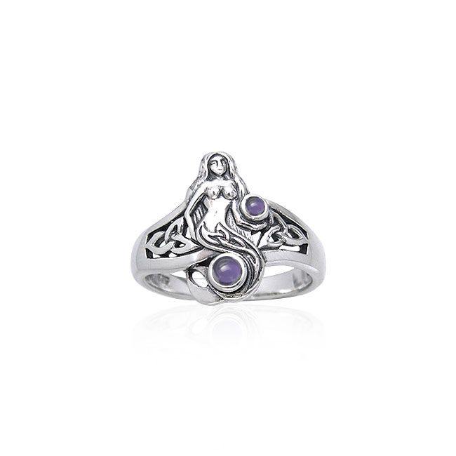 Celtic Mermaid Silver Ring With Gemstone TRI045