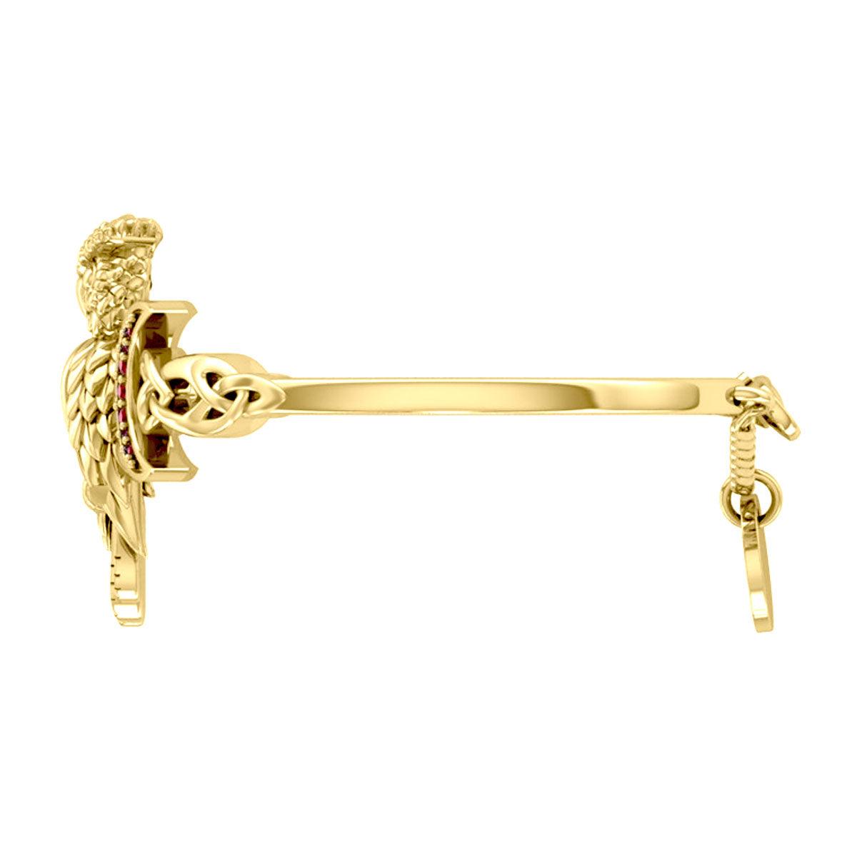 Great Horned Owl with Crescent Moon and Celtic Heart 14K Gold Cuff Bracelet GBA290