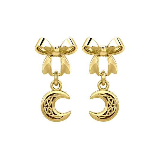 Ribbon with Dangling Celtic Crescent Moon Solid Yellow Gold Post Earrings GER1865