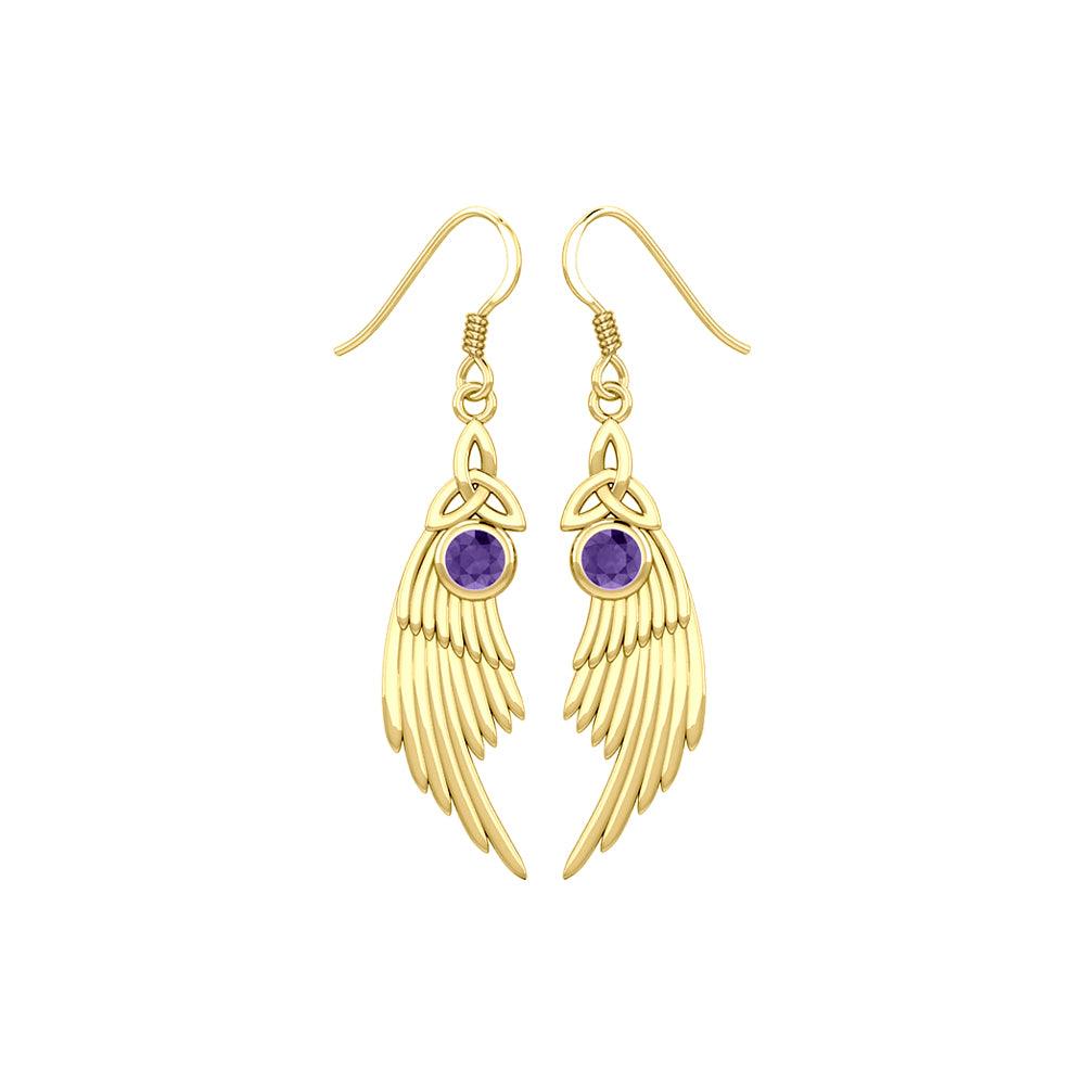 Celtic Trinity Knot Angel Wing Solid Yellow Gold Earrings with Round Gemstone GER1926