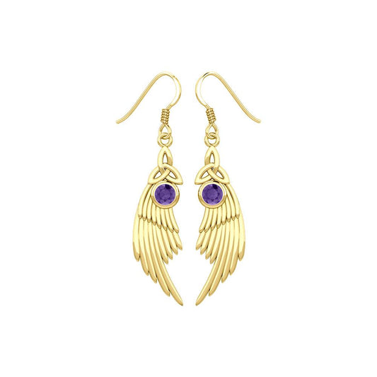 Celtic Trinity Knot Angel Wing Solid Yellow Gold Earrings with Round Gemstone GER1926
