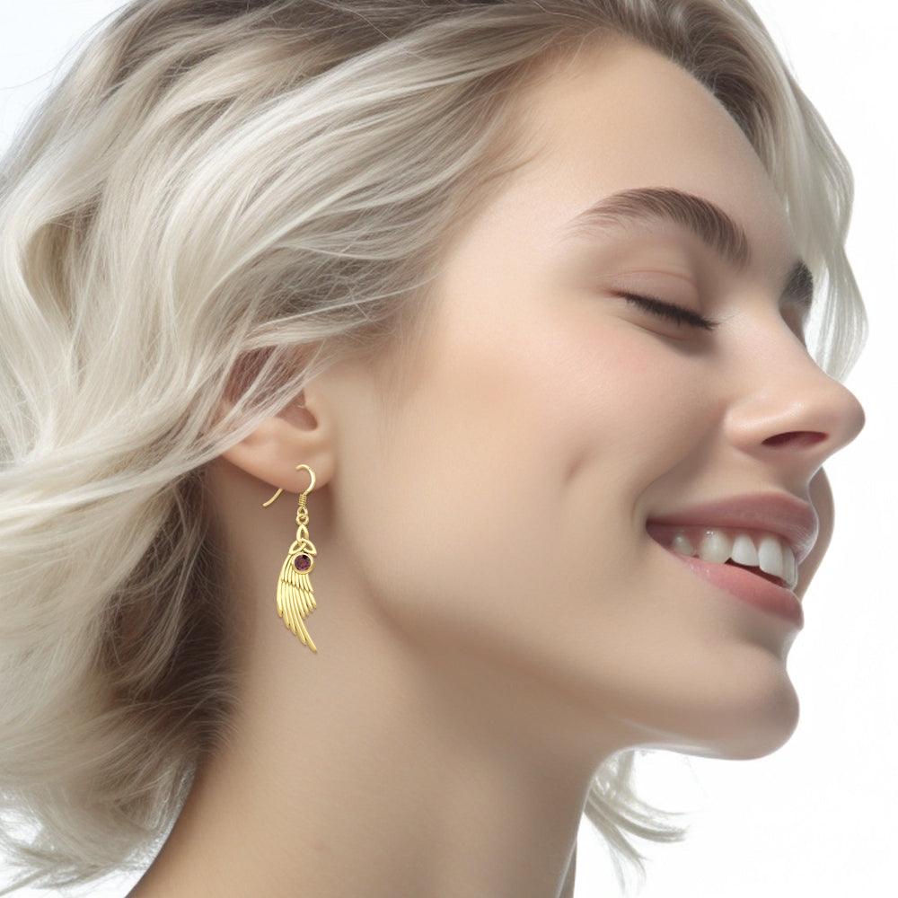 Celtic Trinity Knot Angel Wing Solid Yellow Gold Earrings with Round Gemstone GER1926