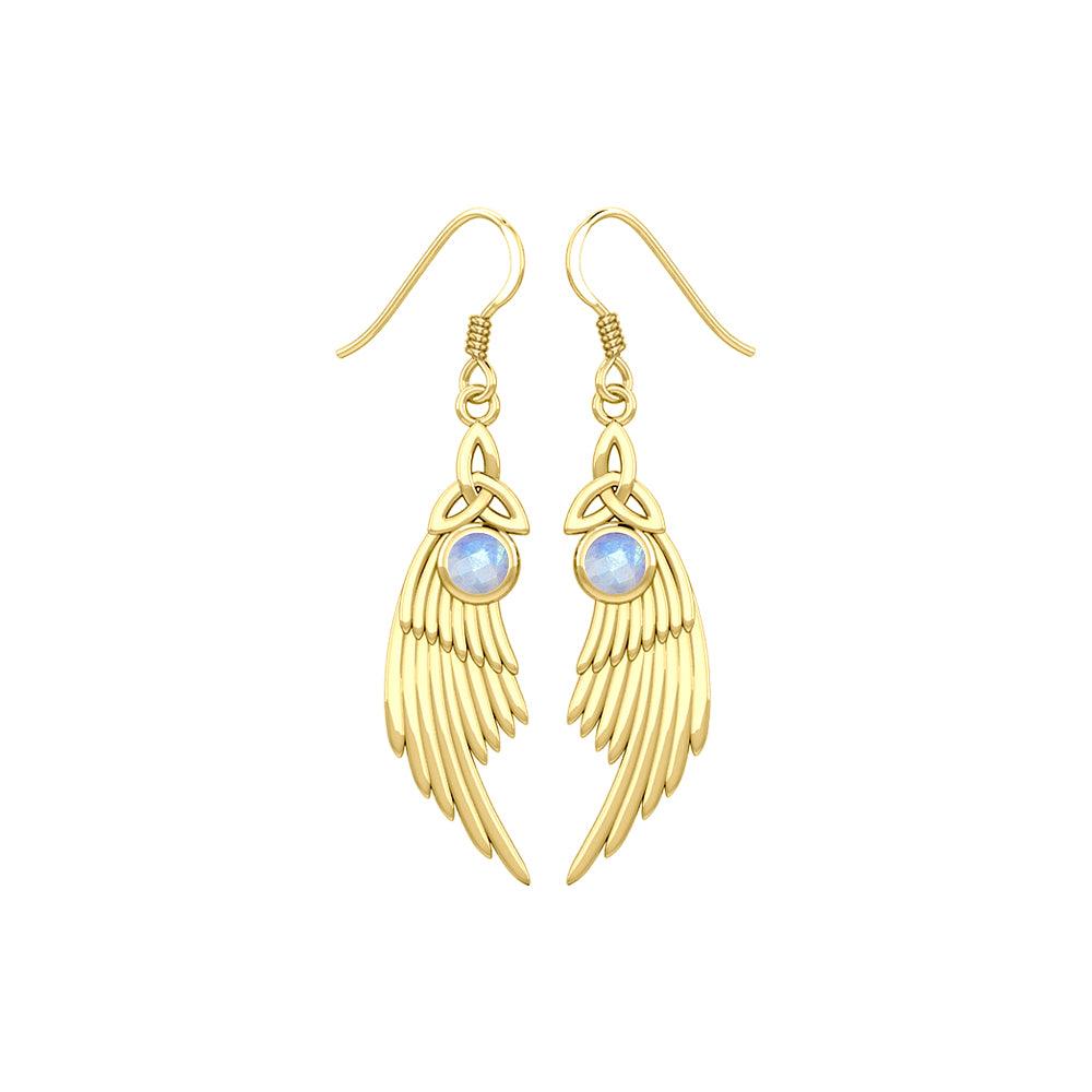 Celtic Trinity Knot Angel Wing Solid Yellow Gold Earrings with Round Gemstone GER1926
