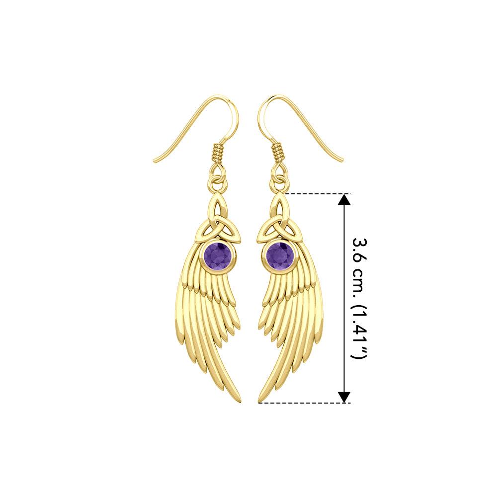 Celtic Trinity Knot Angel Wing Solid Yellow Gold Earrings with Round Gemstone GER1926