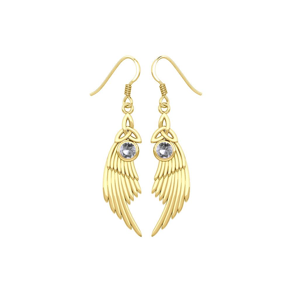Celtic Trinity Knot Angel Wing Solid Yellow Gold Earrings with Round Gemstone GER1926