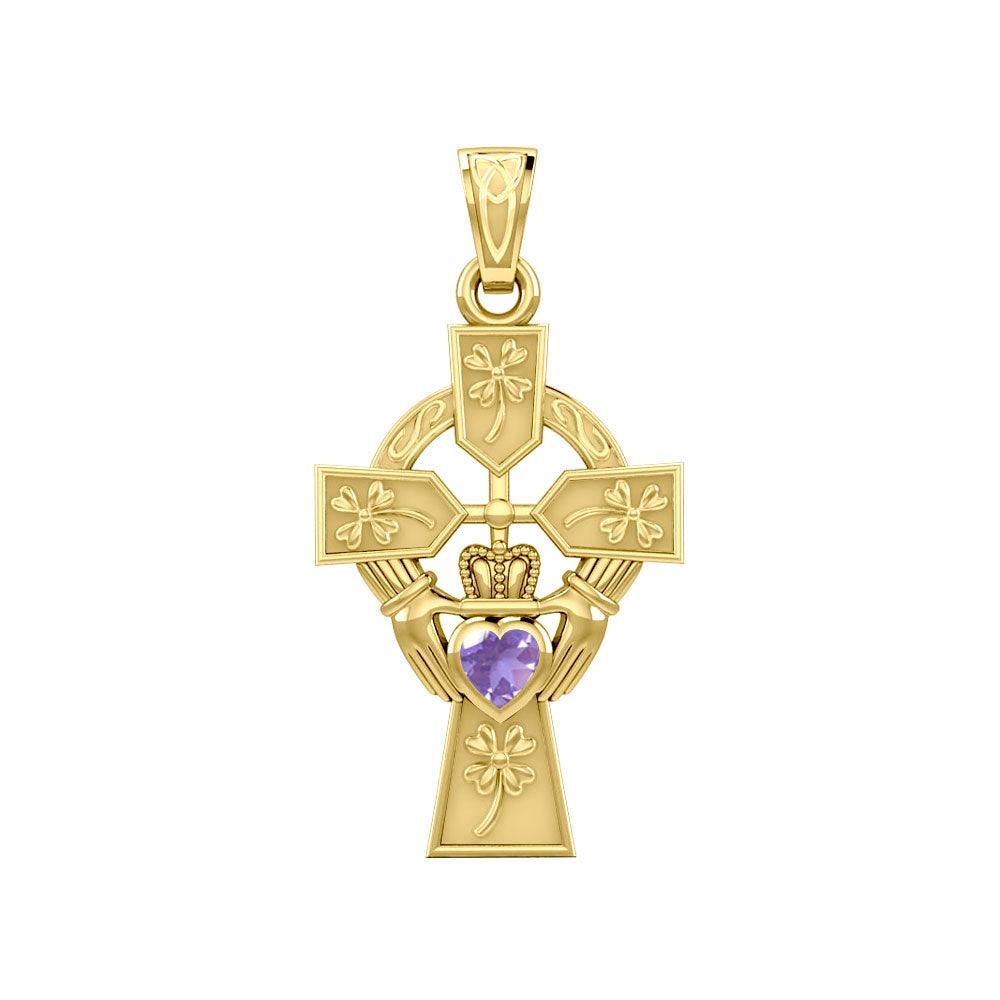 Claddagh Celtic Cross with Lucky Four Leaf Clover 14K Yellow Gold Pendant GPD5359
