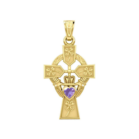 Claddagh Celtic Cross with Lucky Four Leaf Clover 14K Yellow Gold Pendant GPD5359