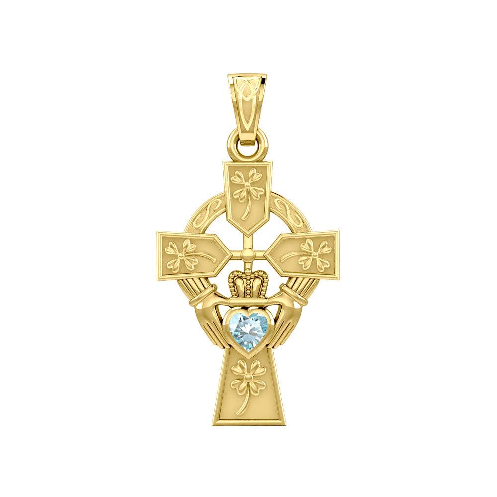 Claddagh Celtic Cross with Lucky Four Leaf Clover 14K Yellow Gold Pendant GPD5359
