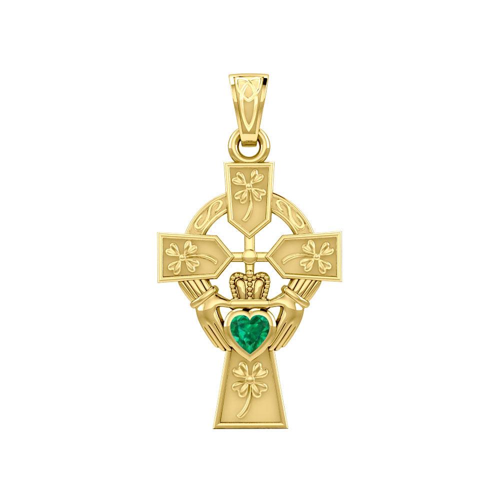 Claddagh Celtic Cross with Lucky Four Leaf Clover 14K Yellow Gold Pendant GPD5359