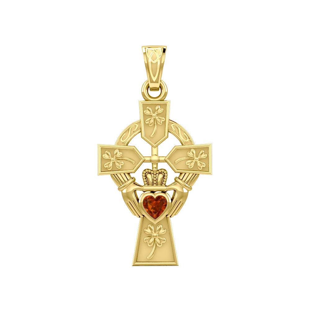 Claddagh Celtic Cross with Lucky Four Leaf Clover 14K Yellow Gold Pendant GPD5359