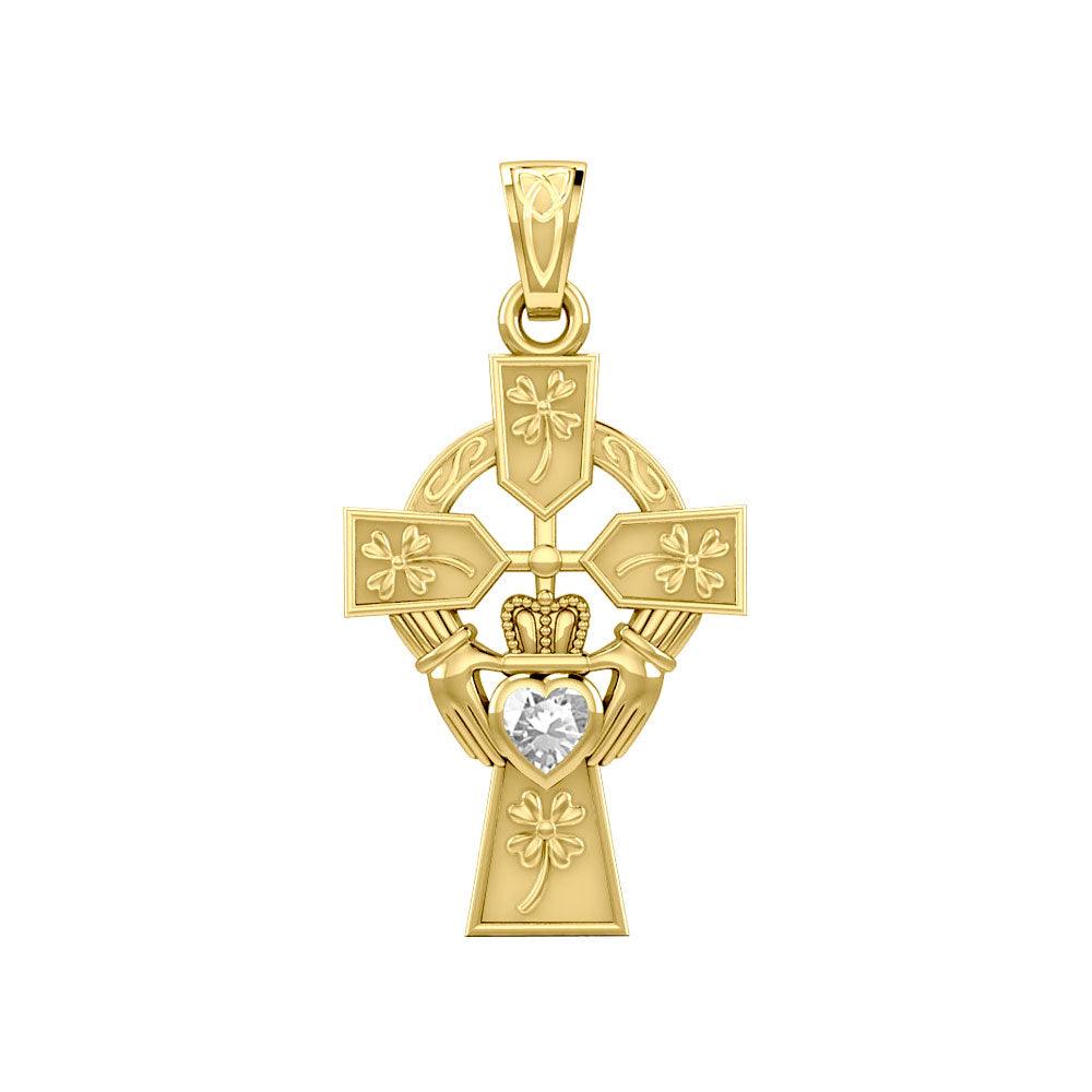 Claddagh Celtic Cross with Lucky Four Leaf Clover 14K Yellow Gold Pendant GPD5359