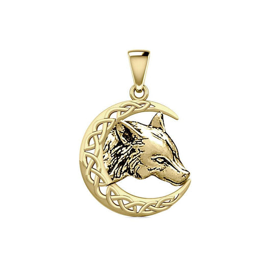 Wolf with Celtic Crescent Moon Solid Gold Pendant GPD5726