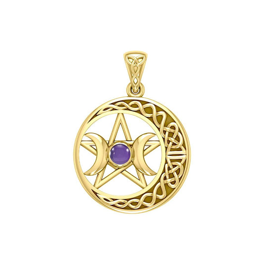 Triple Goddess and Celtic Crescent Moon Solid Yellow Gold Pendant with Gemstone GPD5972