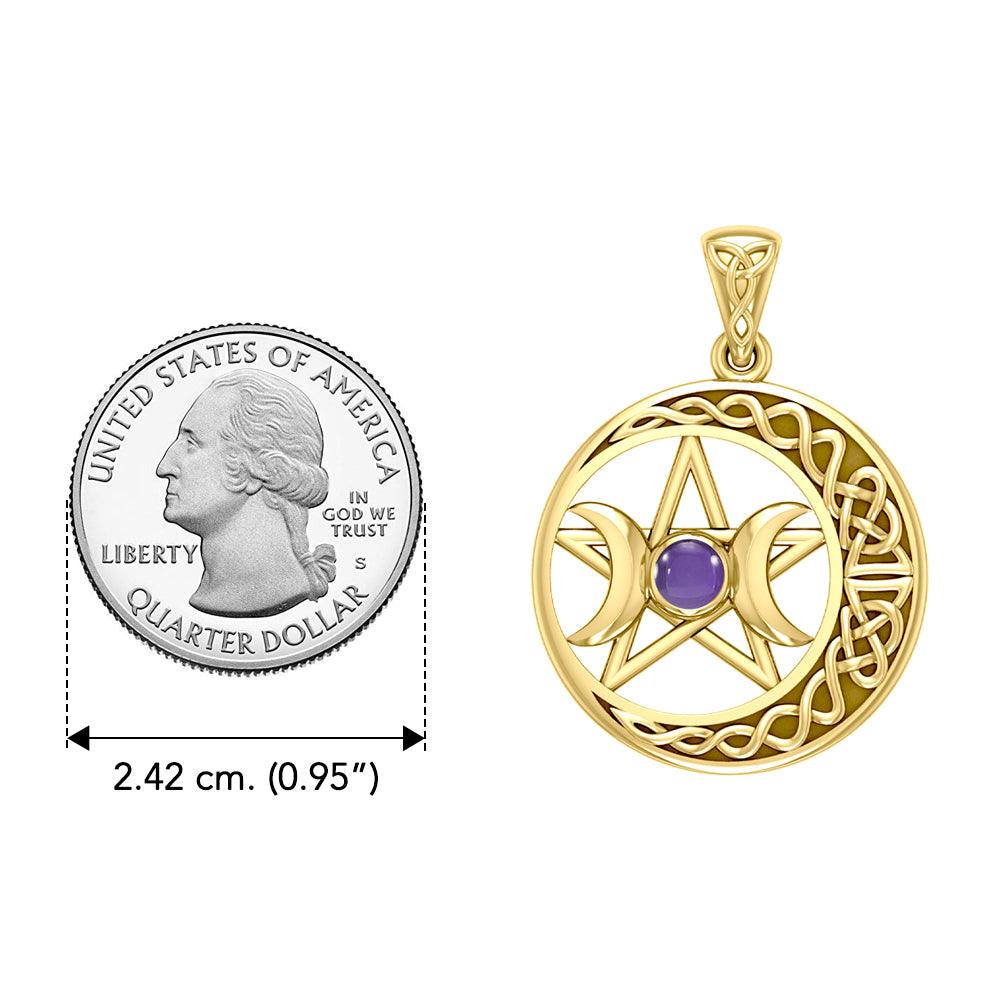 Triple Goddess and Celtic Crescent Moon Solid Yellow Gold Pendant with Gemstone GPD5972