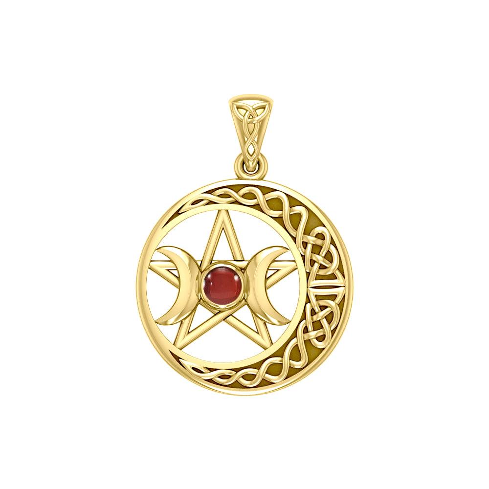 Triple Goddess and Celtic Crescent Moon Solid Yellow Gold Pendant with Gemstone GPD5972