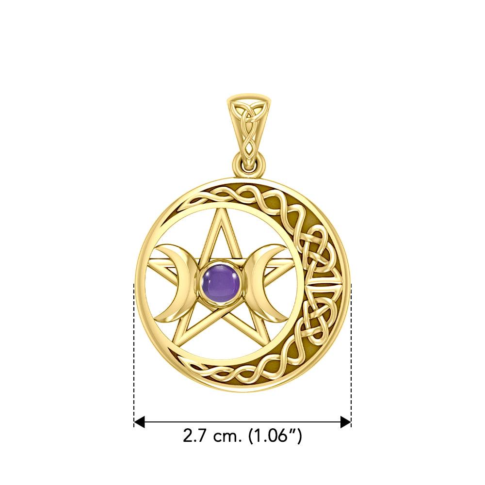 Triple Goddess and Celtic Crescent Moon Solid Yellow Gold Pendant with Gemstone GPD5972