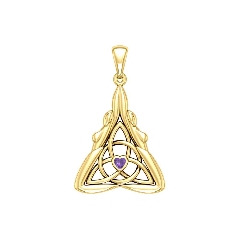 Double Goddess with Celtic Triquetra Solid Yellow Gold Pendant with Gemstone GPD5989