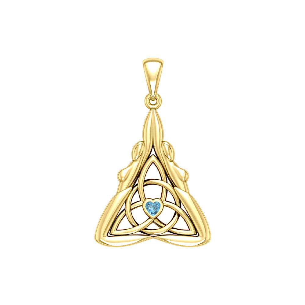 Double Goddess with Celtic Triquetra Solid Yellow Gold Pendant with Gemstone GPD5989