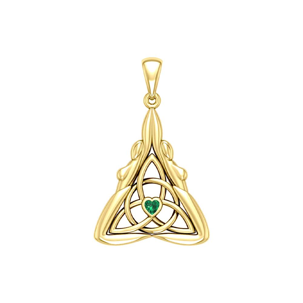Double Goddess with Celtic Triquetra Solid Yellow Gold Pendant with Gemstone GPD5989