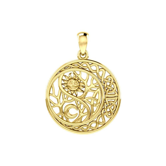 The Yin Yang Tree of Life on Celtic Crescent Moon Solid Yellow Gold Pendant GPD6060